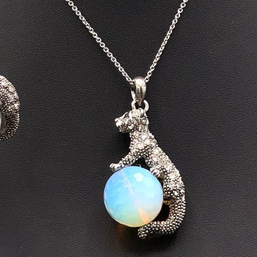 Crystal Cheetah Necklace and Pierced Earrings Set Jaguars Dancing on Glass Balls